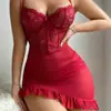 Estilo Europeu e Americano Lingerie Sexy Renda Acabamento Camisola Conjunto Feminino Com Aro Alça Reunião Malha Transparente Vestido