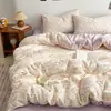 Juego de ropa de cama de cuatro piezas estilo pastoral con estampado floral de gasa de doble capa de algodón puro sábana de algodón con estampado de dibujos animados funda de edredón se puede dormir en ropa interior ropa de cama