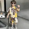 Camisa Floral de Manga Corta para Niños Estilo Vacaciones de Verano en la Playa Conjunto de Dos Piezas Pantalones Cortos para Bebé Niño Guapo