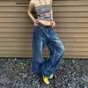 Jeans de retazos estilo retro americano bordados con estrellas para mujer, nuevo de verano 2026, de cintura alta, sueltos, rectos, de pierna ancha