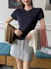 Camiseta Suave de Manga Corta para Mujer, Mezcla de Lana Tencel Lenzing, Verano, Cuello en V, Corte Delgado, Sencilla y Versátil