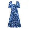 Agora 2024 estilo europeu e americano verão feminino nova roupa azul estampada manga curta vestido de popeline 9598