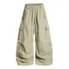 Calça Cargo Retro Americana Oreeta com Múltiplos Bolsos Unissex Solta de Perna Larga com Cintura Elástica e Design de Perna Curva