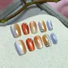 Pedaços de Manicure Gatinho Doces Curtos, Gradiente Azul Feito à Mão 10 Peças, Adesivos de Unha Codificados, Unhas Usáveis Cravejadas de Diamante