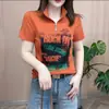 Moda Nueva de Primavera y Verano Transfronteriza Camiseta Casual de Manga Corta Ajustada Top para Mujer con Media Cremallera Elegante e Informal