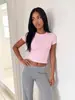 Top cropped canelado de manga curta e gola redonda, slim fit, best-seller transfronteiriço europeu e americano, uma camiseta moderna e versátil
