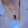 Collar de Acero de Titanio Diez Cuadrados Marca Negra Doble Capa Superpuesta Cadena para Clavícula Elegante de Moda Cadena de Collar para Mujer Cadena de Lana Cuadrado Largo