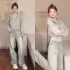 Chamarra sudadera corta gris para mujer, otoño e invierno, hombro normal, corte ajustado, con capucha, top de capa base, ceñidor de cintura, estilo coreano, ligero