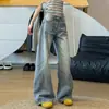 Calça Jeans Larga de Cintura Alta com Padrão de Bambu Curvo Estilo Americano para Mulheres, Nova Coleção Verão 2026 Cor Clara Afunilada Perna Reta Comprimento Total