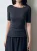 Lavable a máquina, tejido fino de 60 hilos, 18 puntos, sin costuras, 100% lana, cuello redondo, manga media, camiseta base de punto para mujer, Otoño 2026