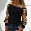 2024wish Amazon AliExpress Nueva Camiseta de Manga Larga con Hombro de Malla y Cuello Oblicuo Camisa Básica de Moda con Cuello