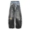 Ropa para Hombre Jia Yi Ku 2026 Nuevo Estilo High Street Americano Estilo Ro Pantalones Cortados con Tijera Lavado Pesado Jeans Estampados Pantalones de Pierna Ancha