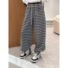 Pantalones anchos a rayas versátiles de estilo coreano para mujer, primavera 2025, nuevo diseño, cintura alta, cordón ajustable en la punta, pantalones largos casuales