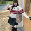 Suéter de Tricô Americano Retrô Outono e Inverno Novo Estilo College com Listras Contrastantes e Gola Polo para Mulheres Malha Longa Solta Emagrecedora