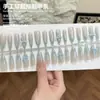 Uñas Manicura Populares Perlas de Vidrio Azul Degradado Lazo Punta Larga Ojo de Gato Uñas Portátiles Desmontables