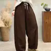 Calça baguete de verão retrô artística com bainha desfiada, cordão, cintura elástica, bainha curva, solta e modeladora, calça casual da moda