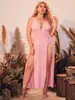 Vestido largo de malla de encaje con cuello halter para mujer europea y americana de talla grande, puro deseo, escote en V profundo, abertura alta, camisón sexy transparente 722