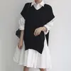 Tallas actualizadas: Vestido camisero de estilo francés chic coreano con hombros descubiertos, mangas abullonadas y dobladillo amplio, con chaleco de punto