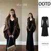 Conjunto de jaqueta cor de café e vestido de malha preto de manga longa para mulheres, novo estilo Outono 2026, conjunto completo