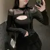 Camiseta Hueca con Lazo para Mujer 2025 Primavera y Otoño Nueva de Cuello Medio Alto Chica Atrevida de Manga Larga Camiseta Básica Adelgazante