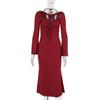 YJ24352 Outono 2024 Nova Saia de Quadril Estilo Europeu e Americano Elegante Decote Manga Longa Cinto Fino Ajuste ao Corpo Vestido Feminino