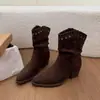 Botas de Moda Diaria de Punta 2026, Botas Retro de Gamuza para Mujer hasta la Pantorrilla, Tacón Grueso que Aumenta la Altura para Otoño, Color Sólido, Adelgazantes
