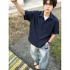 Camisa Azul Marino Falsa de Dos Piezas de Manga Corta para Hombre, Ropa de Verano, Camiseta Rayada de Seda Hielo, Camisa de Media Manga con Cuello para Pareja