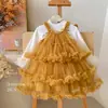 Vestido para meninas, novo estilo outono 2026, top base, fofo vestido de bolo de malha com suspensório conjunto de duas peças