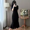 Comercio Exterior Transfronterizo Tk Vestido de Estilo Francés de Lujo Ligero con Parches de Malla, Falda de Cola de Pez Romántica, Mangas de Hombro Normales, Ceñido a la Cintura, Vestido Largo Adelgazante