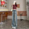 Jeans Wide Leg Lavado Vintage Feminino Outono 2024 Novo Cintura Alta Solto Dosagem Estilo Americano Calça Reta