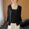 Cardigan Simples Fino de Tricô Tencel para Mulheres, Manga Longa, Sem Botões, Top Camisola de Tricô com Proteção Solar, Blusa Moda Falsa de Duas Peças