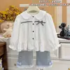Camisa de outono nova estilo coreano para meninas, 100% algodão, com laço estilo coreano, camisa casual para bebês, estilosa para a primavera