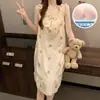 Vestido Midi de Algodão Nuvem Novo de Verão com Cinto Removível, Decoração de Laço Borboleta Acolchoado, Roupa de Casa, Roupa Externa, Vestido Pijama
