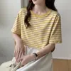 Top de Moda Retro a Rayas de Manga Corta, Corte Holgado Adelgazante, Estilo Americano, para Mujer de Tallas Grandes, Verano 2026