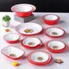 Louça estilo porcelana flor vermelha pequena panela quente Shijing prato de prato frio conjunto de tigela e pauzinhos vintage terno para restaurante comercial terno de prato de prato frio