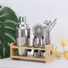 Conjunto de Coqueteleira para Bar 9 Peças Aço Inoxidável 304 Base de Suporte de Madeira Copo de Mistura para Cocktail Multifuncional