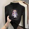 Camiseta interior base de forro polar de doble cara para niñas, nueva camiseta casual versátil con estampado de dibujos animados, camiseta de cuello alto a la moda