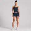 Conjunto de roupa fitness feminina transfronteiriço com lindo top esportivo de costas com amarração no pescoço, conjunto de shorts de secagem rápida para corrida ao ar livre, ciclismo e yoga