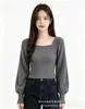Suéter de punto nuevo estilo coreano para otoño e invierno para mujer, corte ajustado, color liso, camisa básica con elegantes mangas abullonadas y mangas largas