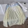 Blusa de Encaje de Color Contrastante con Rayas y Protección Solar Azul Camiseta de Manga Larga para Mujer Verano 2025 Delgada Casual Versátil Top Holgado