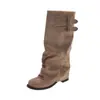 Botas de Verão Botas Longas Femininas 2026 Novas Retro Merade Botas Dobradas Empilhadas Salto Bloco Fivela de Cinto Botas de Calça