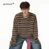 Suéter Retrô Americano Color Block com Listras Gola Redonda para Homens e Mulheres Outono Tendência Marca Cardigan Preguiçoso Solto Modelagem Relaxada Peça de Roupa Externa