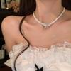 Collar de Perlas Estilo Francés para Mujer Modelo Nuevo 2025 con Lazo Incrustado de Diamantes Cadena para Clavícula, Accesorio de Vestir de Lujo Ligero y Alta Gama