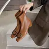 Botas elásticas ajustadas de tacón medio con hebilla cuadrada de cuero suave y cómodo para mujeres petite, adecuadas para combinar con faldas, botas marrones, talla 40