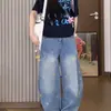 Jeans texturizado, modelador, que alonga a silhueta, versátil, com design de cintura alta lavado, confortável, estiloso, com bom caimento, fácil de combinar e usar, calça pantalona