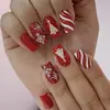 Uñas Portátiles de Navidad Copo de Nieve Rojo Raya Blanca Navideña Decoración Parche Removible de Arte de Uñas Falsas