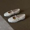 Versión de Piel de Oveja Tacón Oculto de 5 cm Estilo Hada Francesa Moño de Lentejuelas Puntera Redonda Zapatos Planos de Ballet para Mujer Mary Janes Bajos