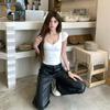Camiseta de Manga Corta de Color Sólido Única y Hermosa de Estilo Francés para Mujer, Diseño Nicho, Ajuste Slim, Top Sexy con Cuello Corazón para Verano