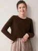 Suéter de cashmere simples 100% puro com blocos de cor, gola redonda, para mulheres, blusa de base de tricô de manga comprida, versátil e que afina