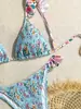 Nuevo Bikini Floral Plisado de Estilo Campestre Talla Grande con Escote Halter y Volantes en los Tirantes Traje de Baño de Dos Piezas para Vacaciones en la Playa Mujeres
